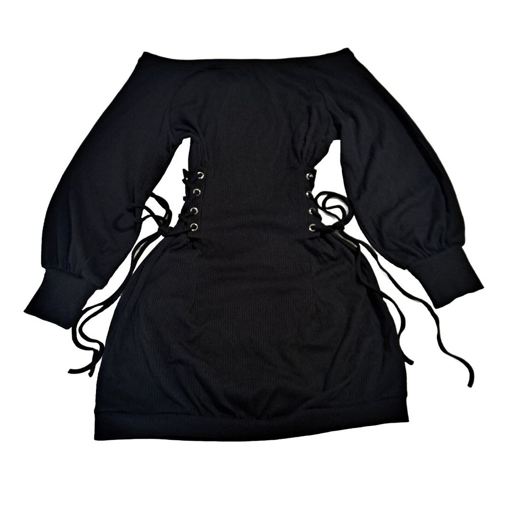 D&M Black Ruched Side Cinched Waist Dress with Bell Sleeves